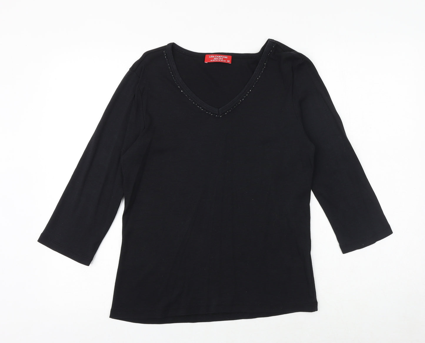 Lisa Campione Womens Black 100% Cotton Basic Blouse Size 14 V-Neck
