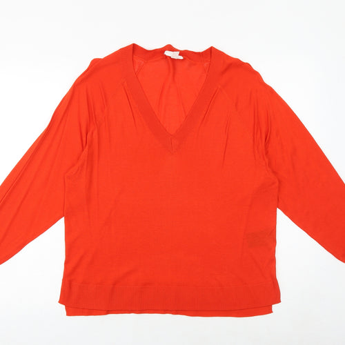 H&M Womens Orange V-Neck Herringbone Acrylic Pullover Jumper Size M