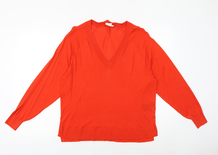 H&M Womens Orange V-Neck Herringbone Acrylic Pullover Jumper Size M