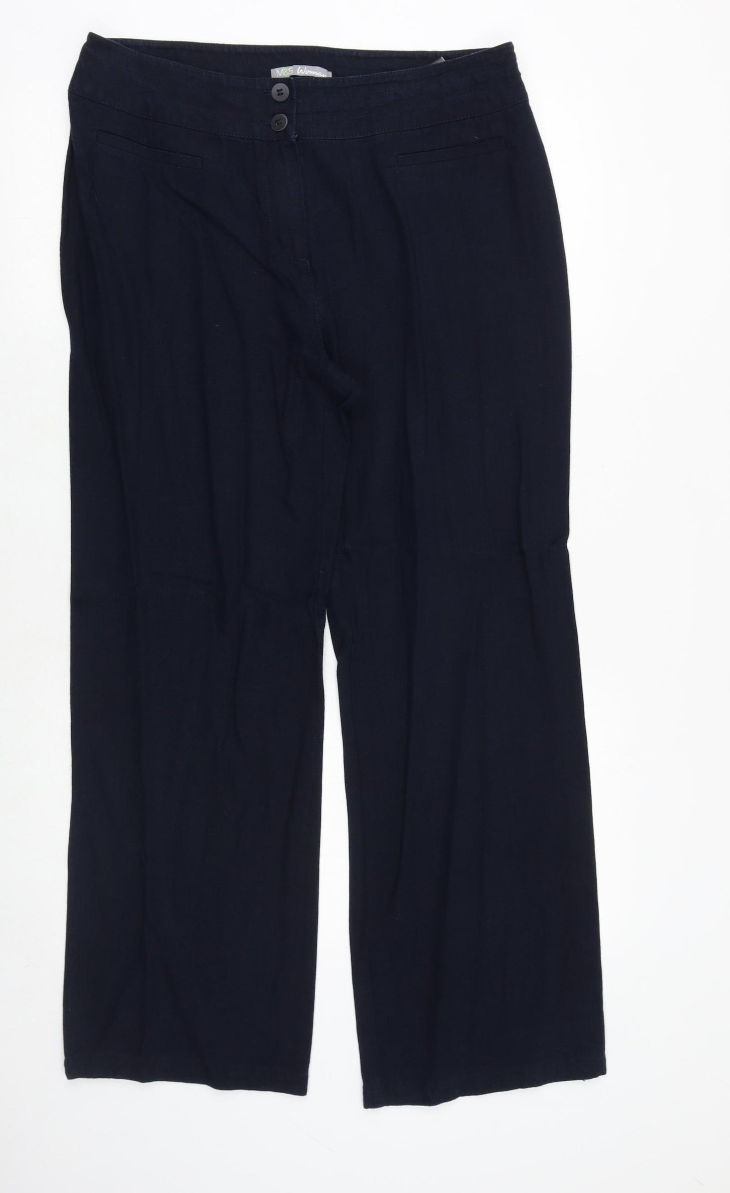 Marks and Spencer Womens Blue Flax Trousers Size 14 Regular Zip