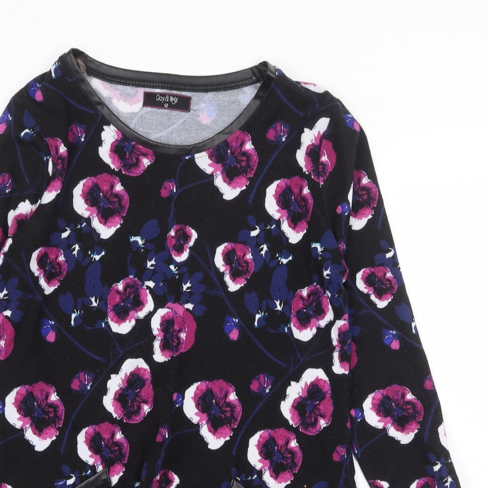Day & Night Womens Black Round Neck Floral Polyester Pullover Jumper Size 12