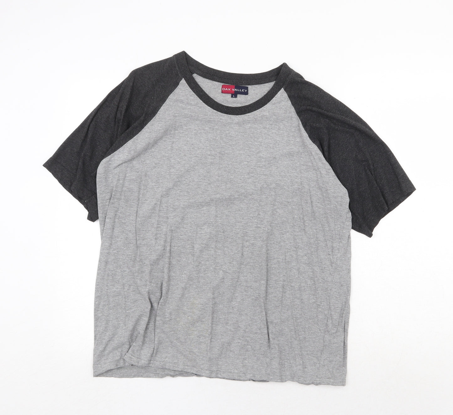 Oak Valley Mens Grey Colourblock Cotton T-Shirt Size L Round Neck