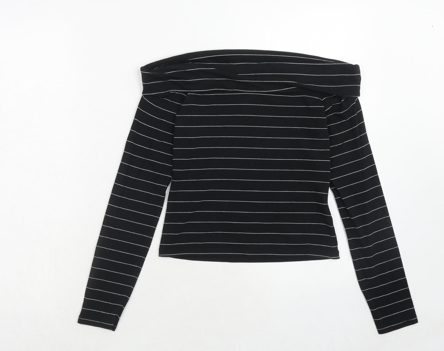 Miss Selfridge Womens Black Striped Cotton Cropped T-Shirt Size 10 Off the Shoulder