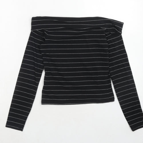 Miss Selfridge Womens Black Striped Cotton Cropped T-Shirt Size 10 Off the Shoulder