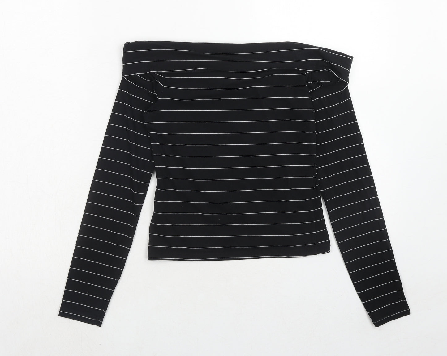Miss Selfridge Womens Black Striped Cotton Cropped T-Shirt Size 10 Off the Shoulder