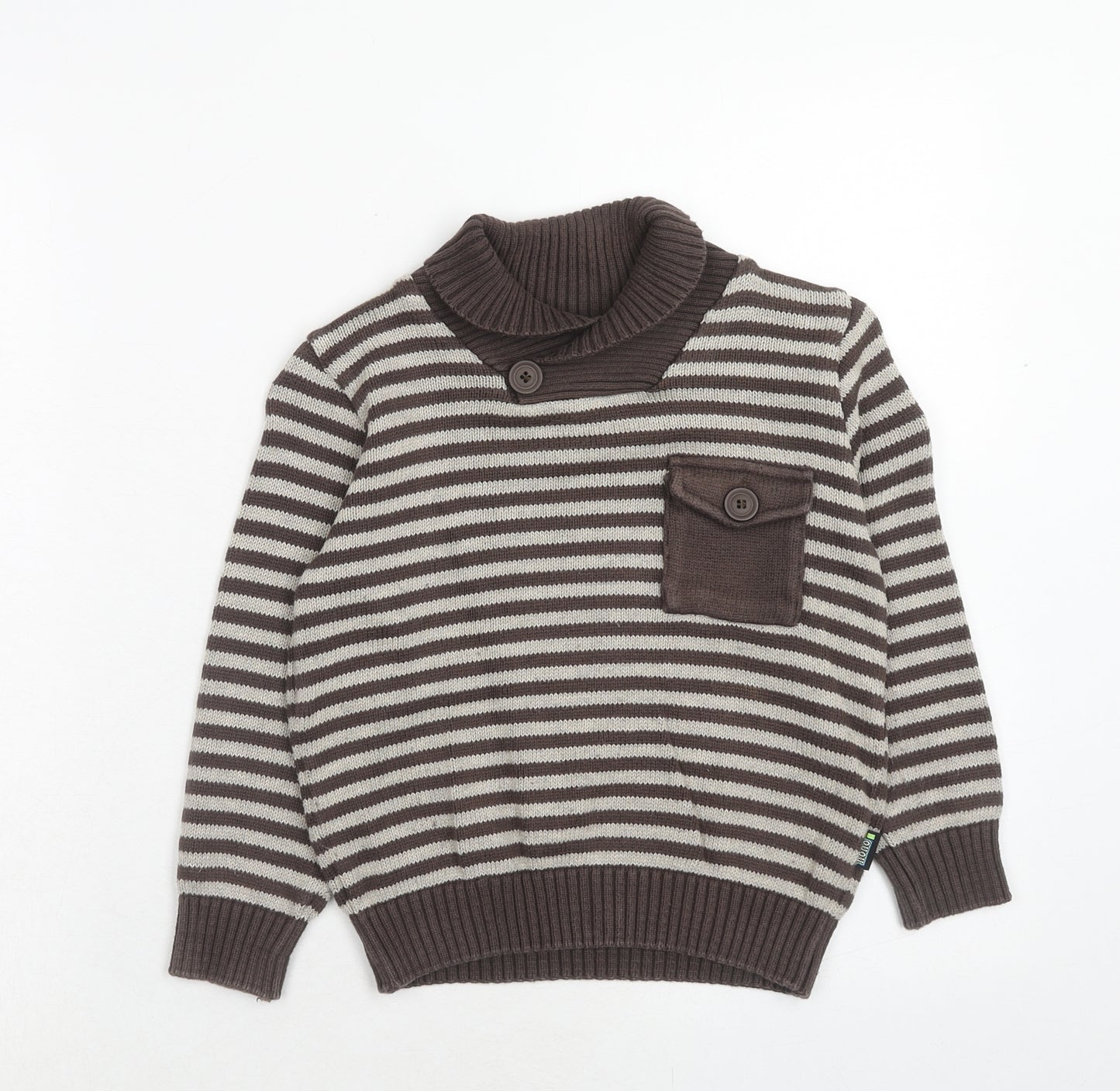 Nono Boys Brown Round Neck Striped Cotton Pullover Jumper Size 6 Years Button