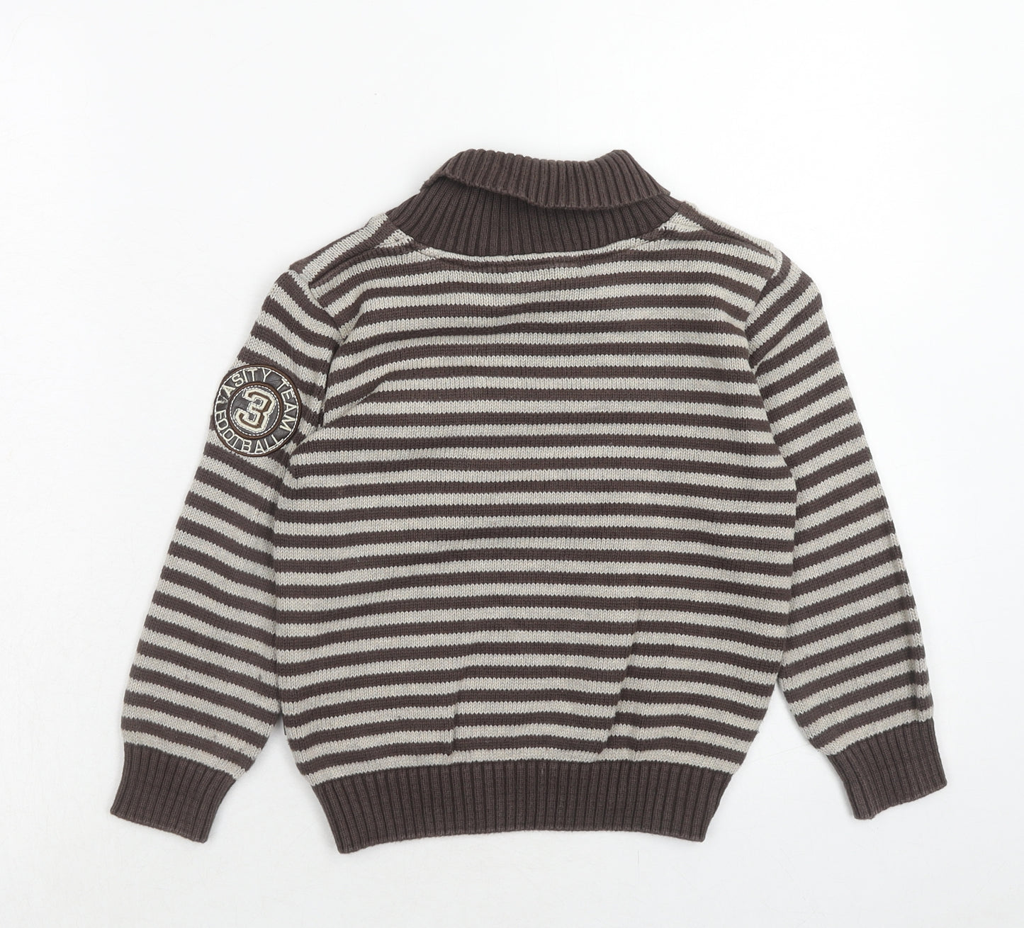 Nono Boys Brown Round Neck Striped Cotton Pullover Jumper Size 6 Years Button