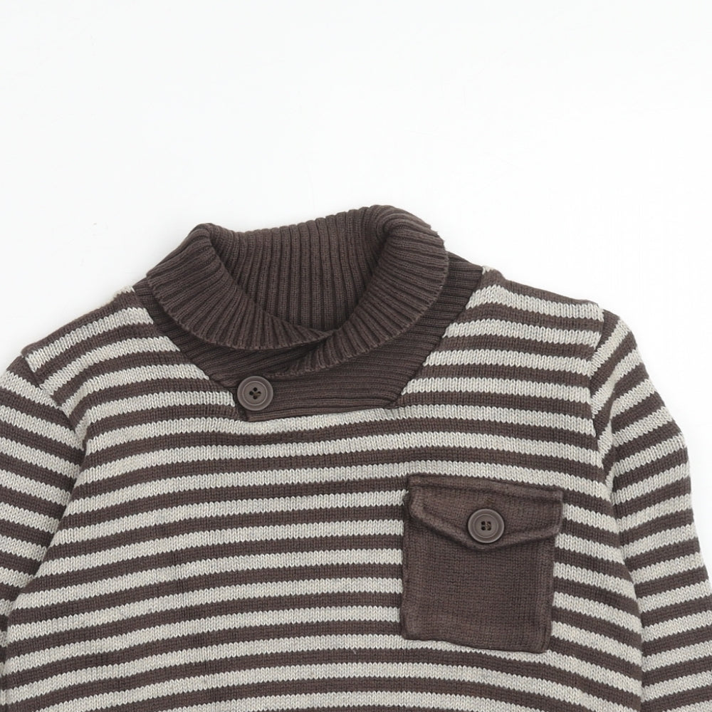 Nono Boys Brown Round Neck Striped Cotton Pullover Jumper Size 6 Years Button