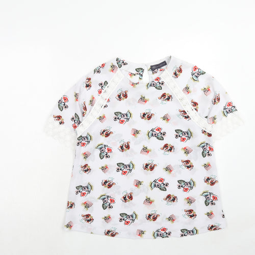 Marks and Spencer Womens White Floral Polyester Basic Blouse Size 10 Round Neck - Crocheted Lace Detail