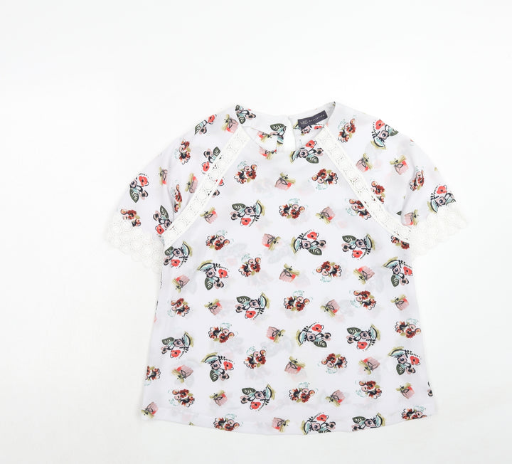Marks and Spencer Womens White Floral Polyester Basic Blouse Size 10 Round Neck - Crocheted Lace Detail