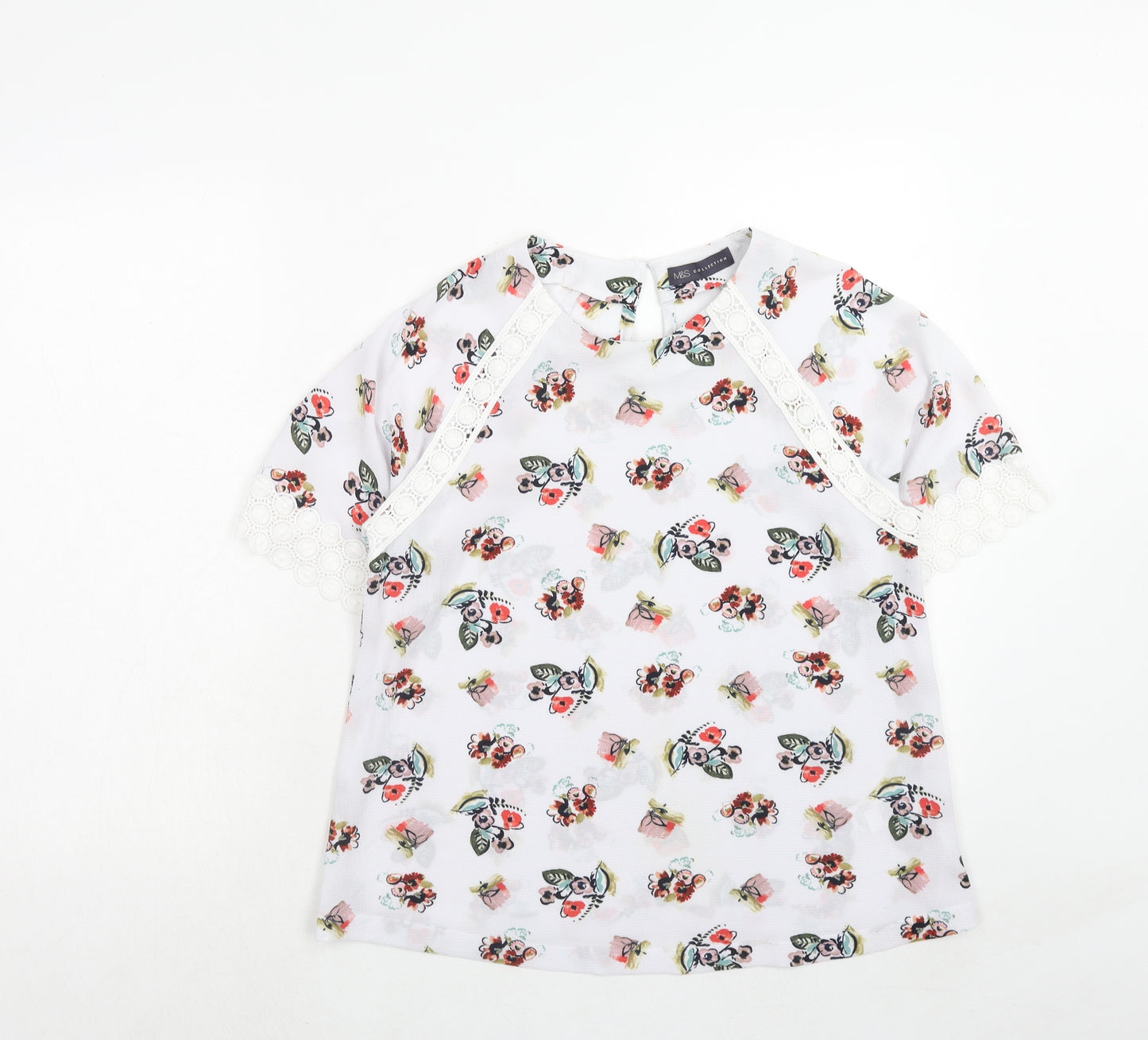 Marks and Spencer Womens White Floral Polyester Basic Blouse Size 10 Round Neck - Crocheted Lace Detail