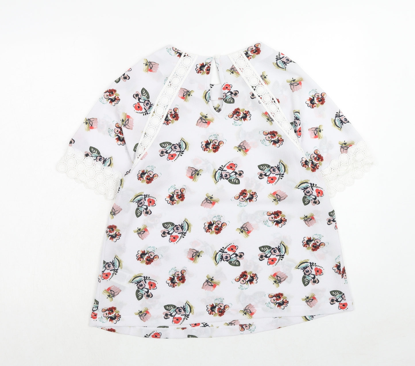 Marks and Spencer Womens White Floral Polyester Basic Blouse Size 10 Round Neck - Crocheted Lace Detail