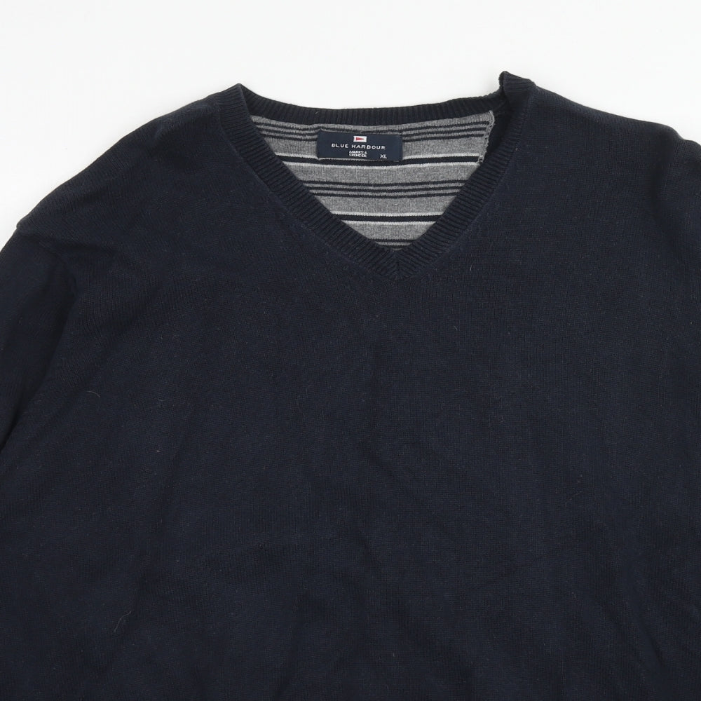 Blue Harbour Mens Blue V-Neck Cotton Pullover Jumper Size XL Long Sleeve