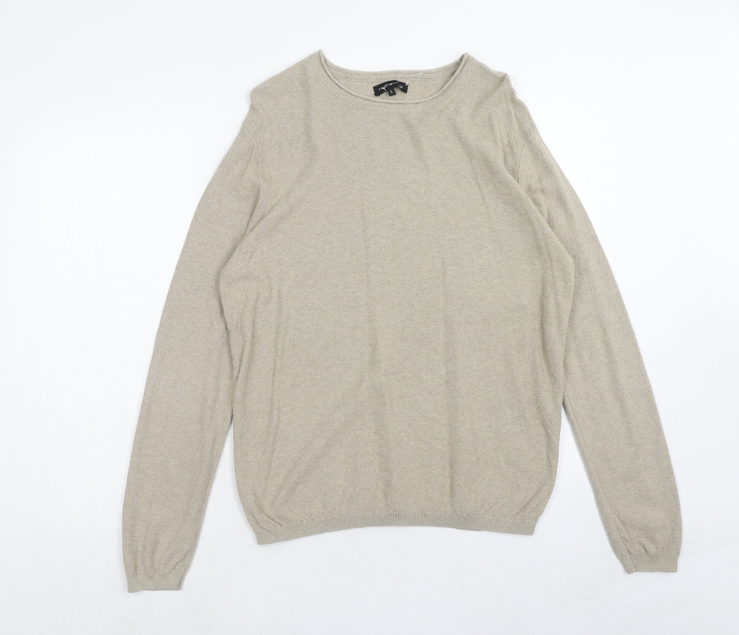 Red Herring Mens Beige Round Neck Cotton Pullover Jumper Size L Long Sleeve
