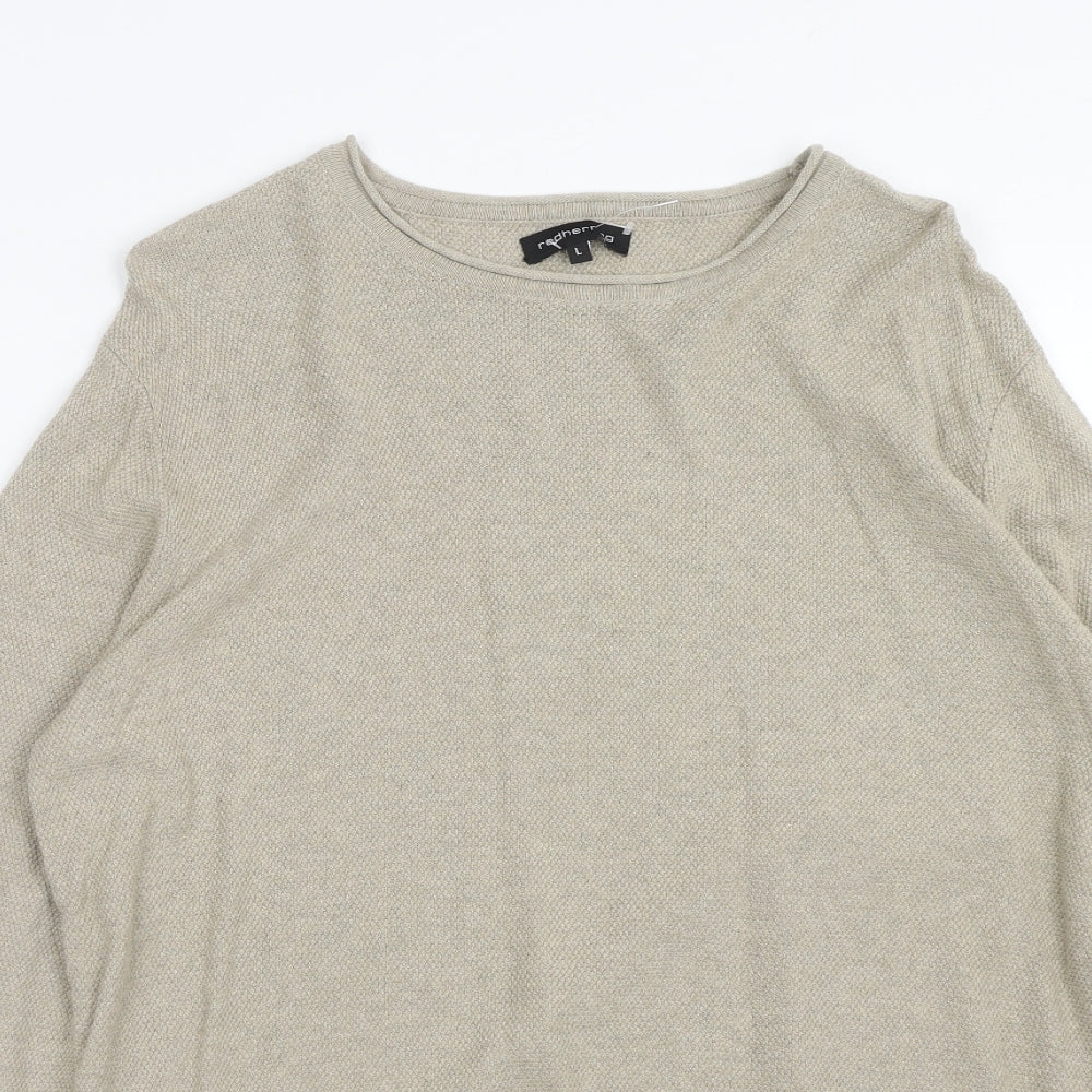 Red Herring Mens Beige Round Neck Cotton Pullover Jumper Size L Long Sleeve