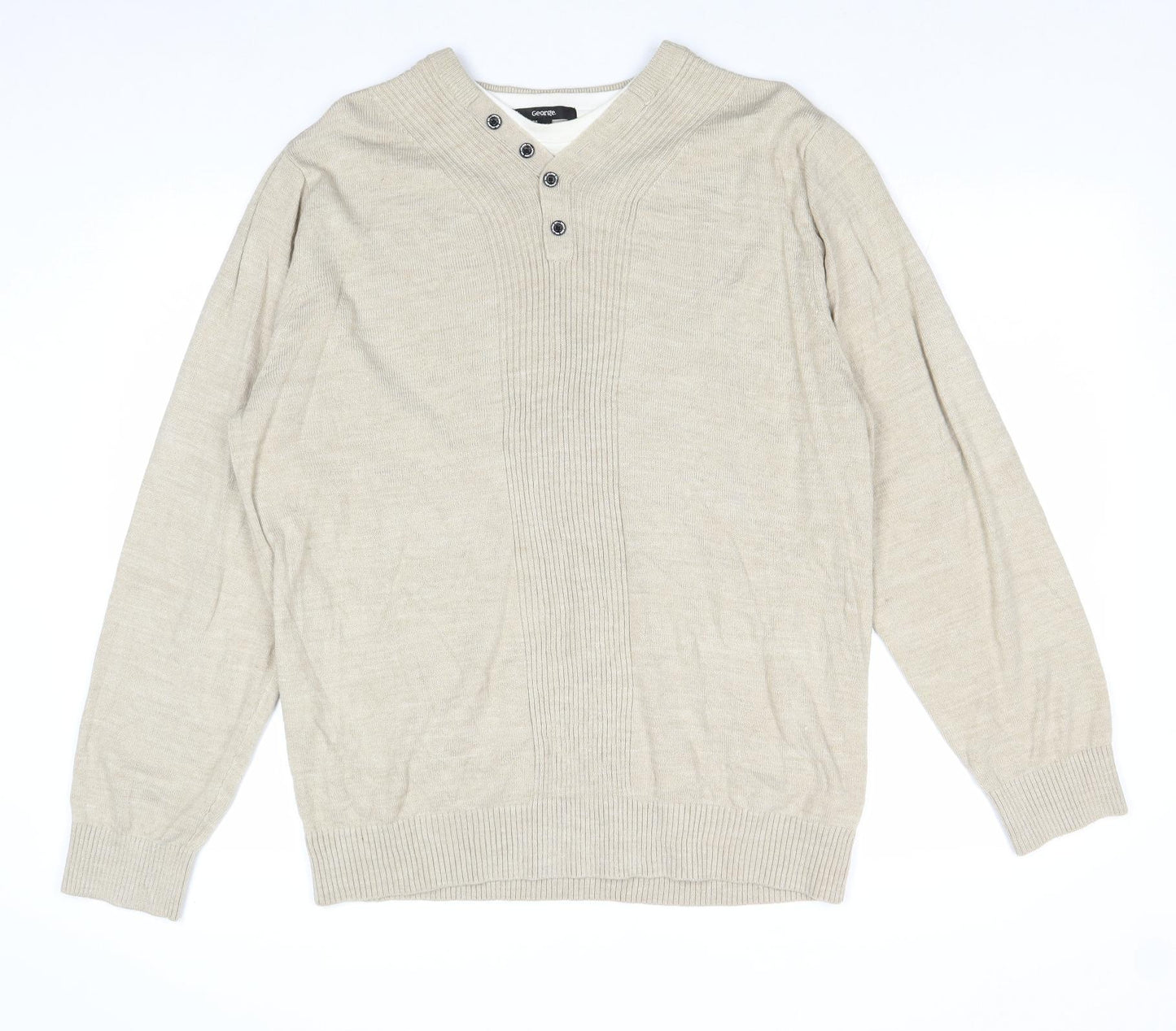 George Mens Beige Round Neck Acrylic Pullover Jumper Size L Long Sleeve