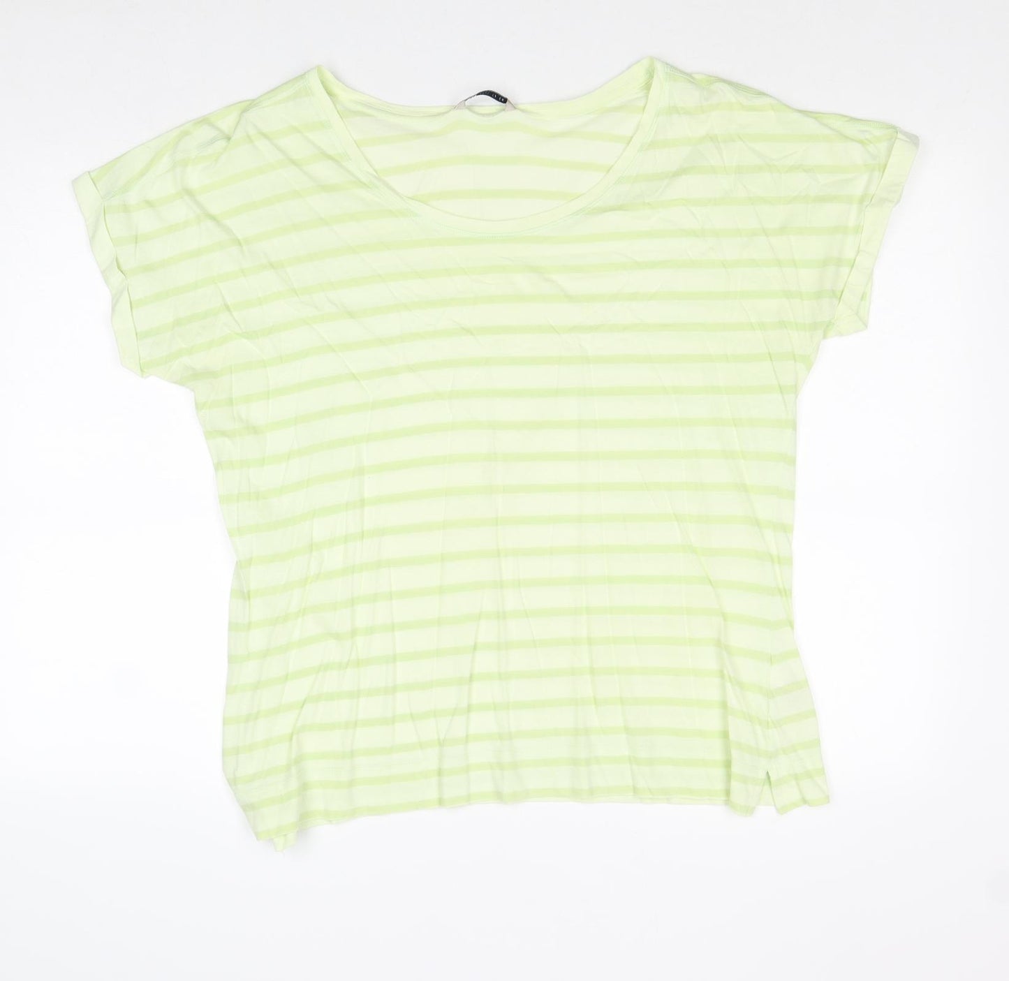 Marks and Spencer Womens Green Striped 100% Cotton Basic T-Shirt Size 16 Boat Neck