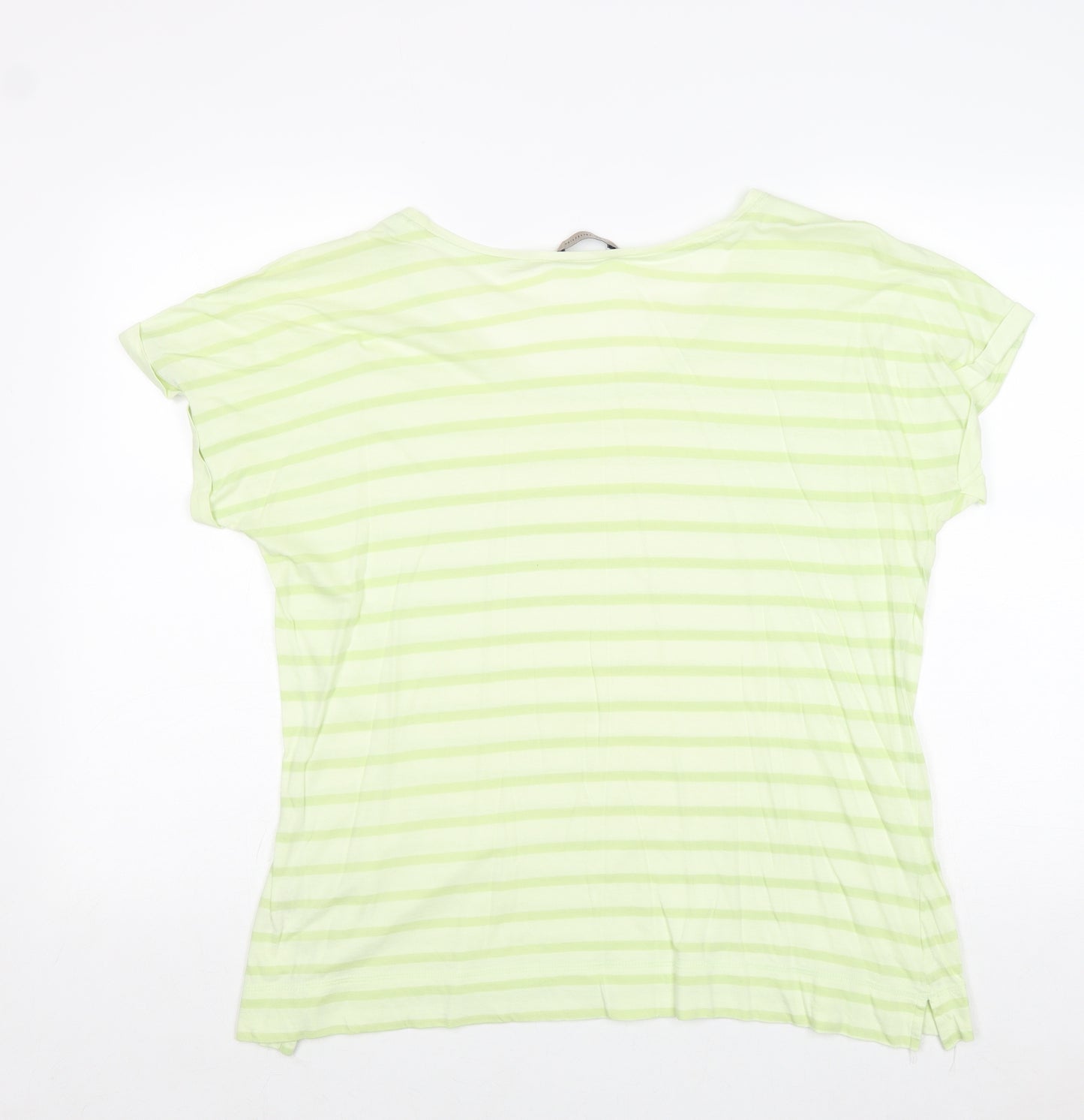 Marks and Spencer Womens Green Striped 100% Cotton Basic T-Shirt Size 16 Boat Neck