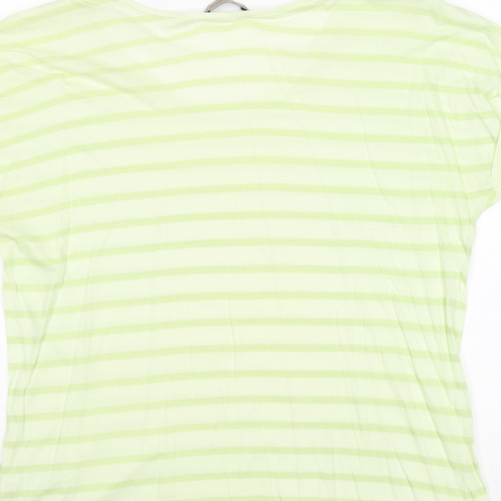 Marks and Spencer Womens Green Striped 100% Cotton Basic T-Shirt Size 16 Boat Neck