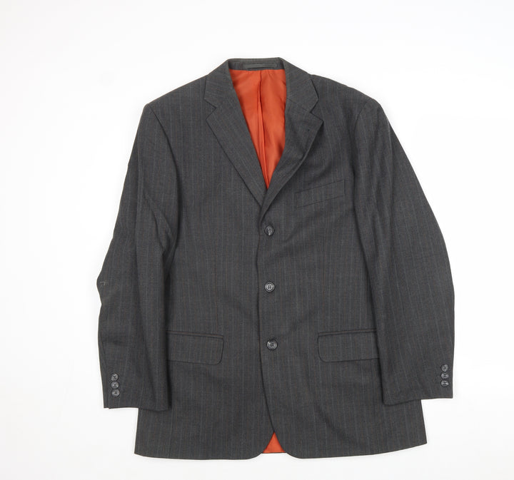 Preworn Mens Grey Striped Polyester Jacket Suit Jacket Size 40 Regular