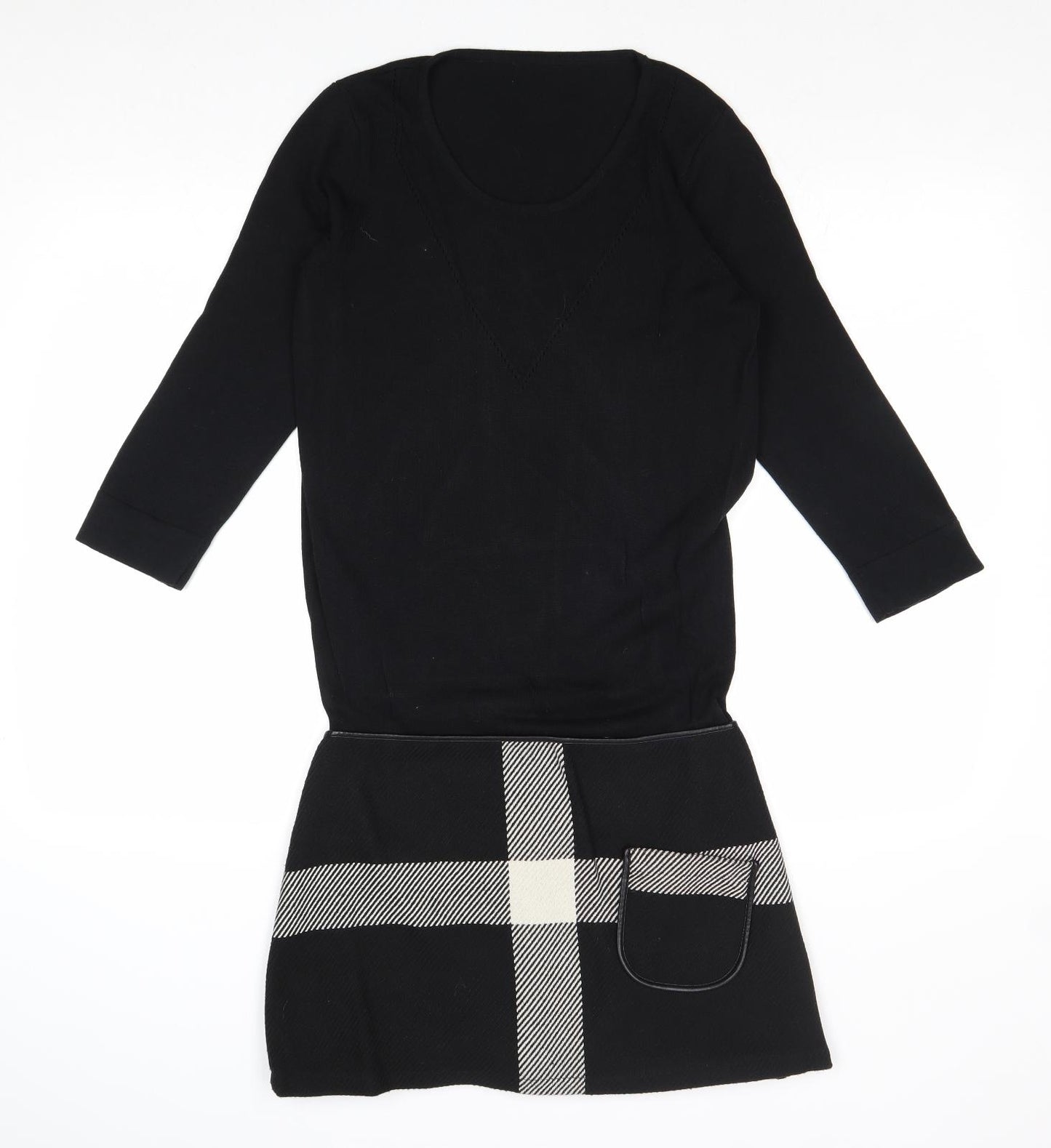 Trend Womens Black Check Polyester Jumper Dress Size 10 Round Neck Zip