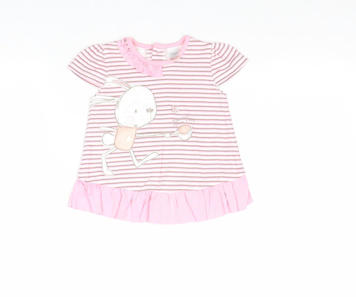 NEXT Girls Pink Striped 100% Cotton Basic Blouse Size 3-6 Months Round Neck Button - Bunny