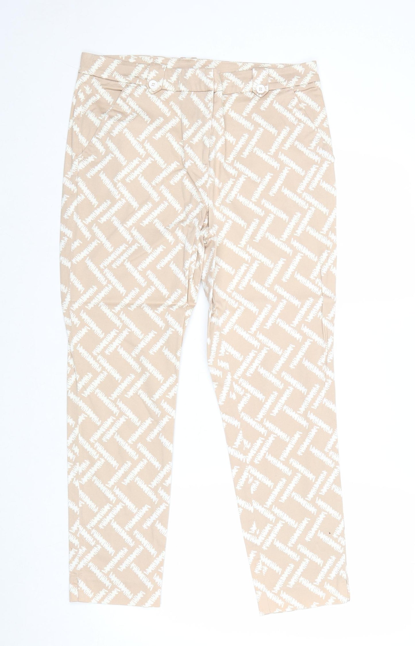 TU Womens Beige Geometric Cotton Chino Trousers Size 14 Regular Zip