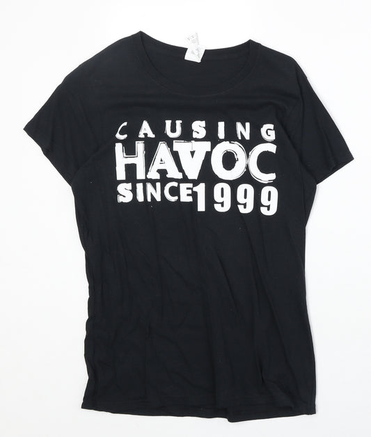 Front view of Gildan women’s black 100% cotton basic t-shirt, size M, boat neck - causing havoc