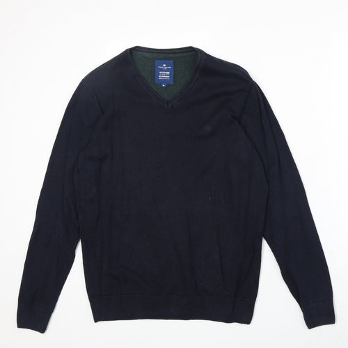 TOM TAILOR Mens Blue V-Neck Cotton Pullover Jumper Size M Long Sleeve