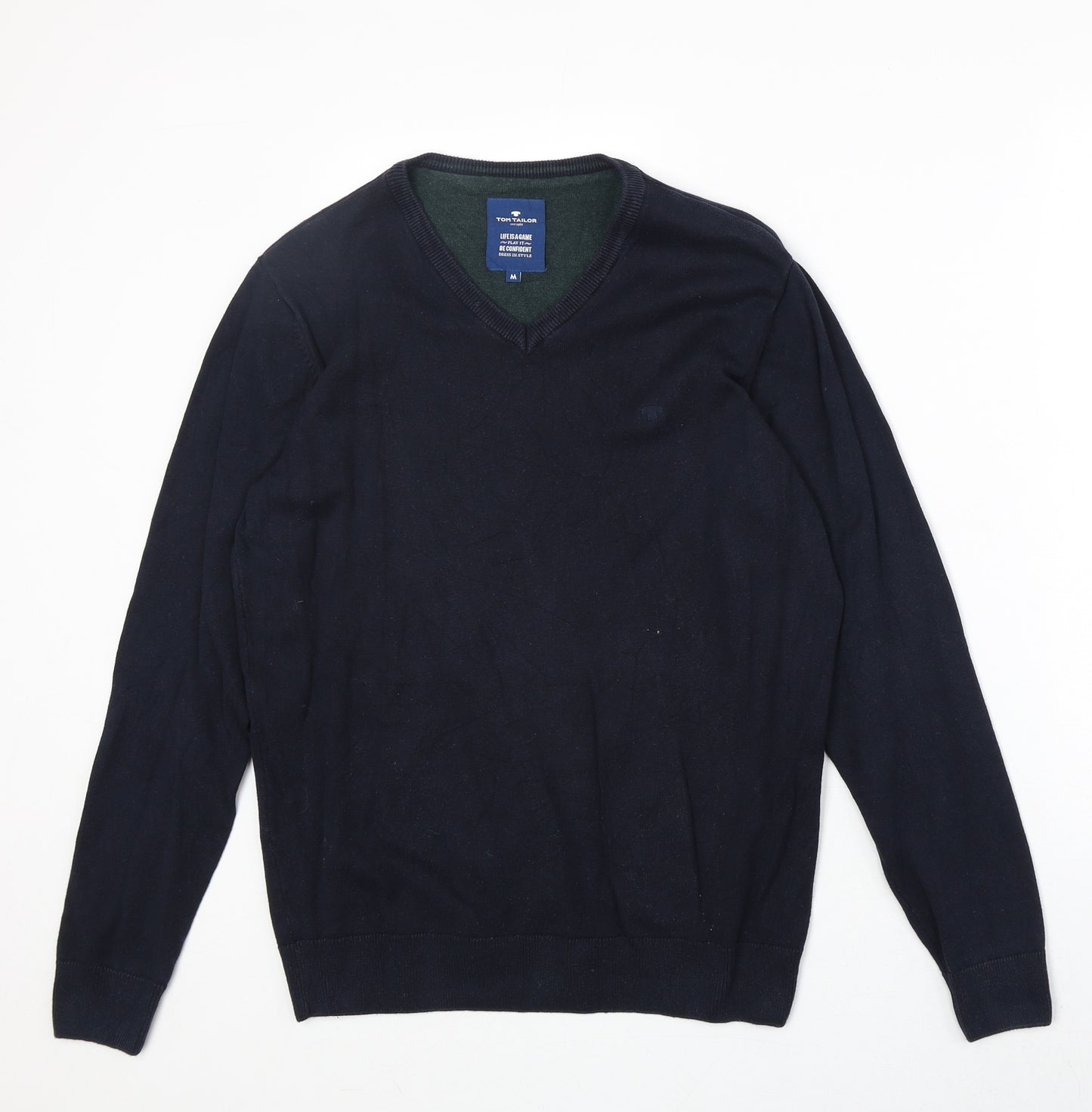 TOM TAILOR Mens Blue V-Neck Cotton Pullover Jumper Size M Long Sleeve