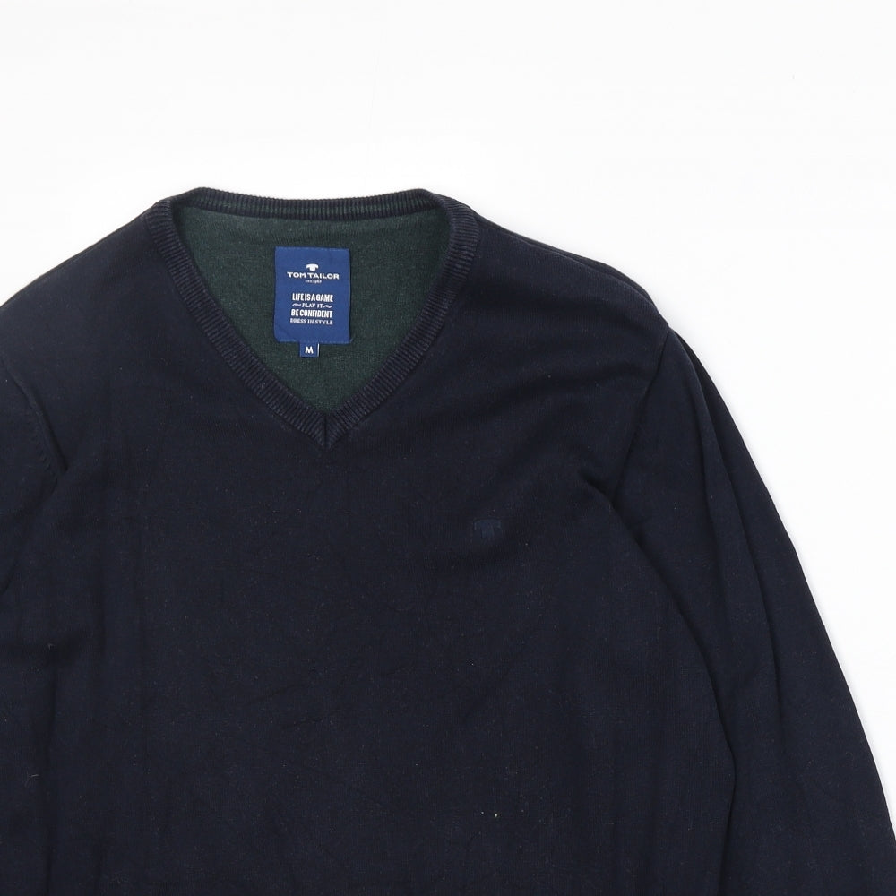 TOM TAILOR Mens Blue V-Neck Cotton Pullover Jumper Size M Long Sleeve