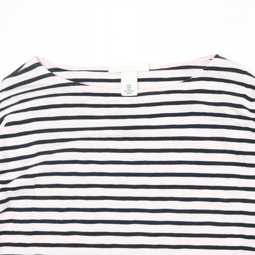 H&M Womens Pink Striped 100% Cotton Basic T-Shirt Size M Round Neck