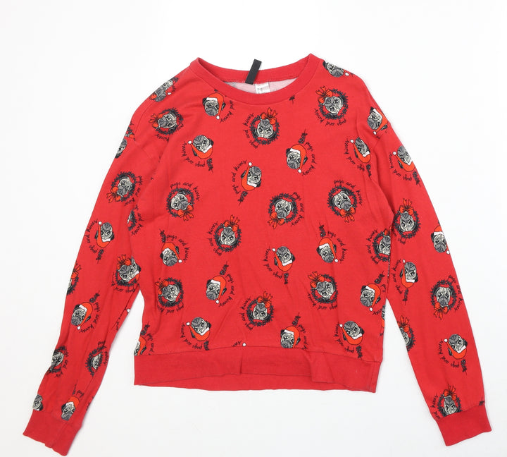 Divided by H&M Womens Red Geometric Cotton Pullover Sweatshirt Size XS Pullover - Christmas Pug