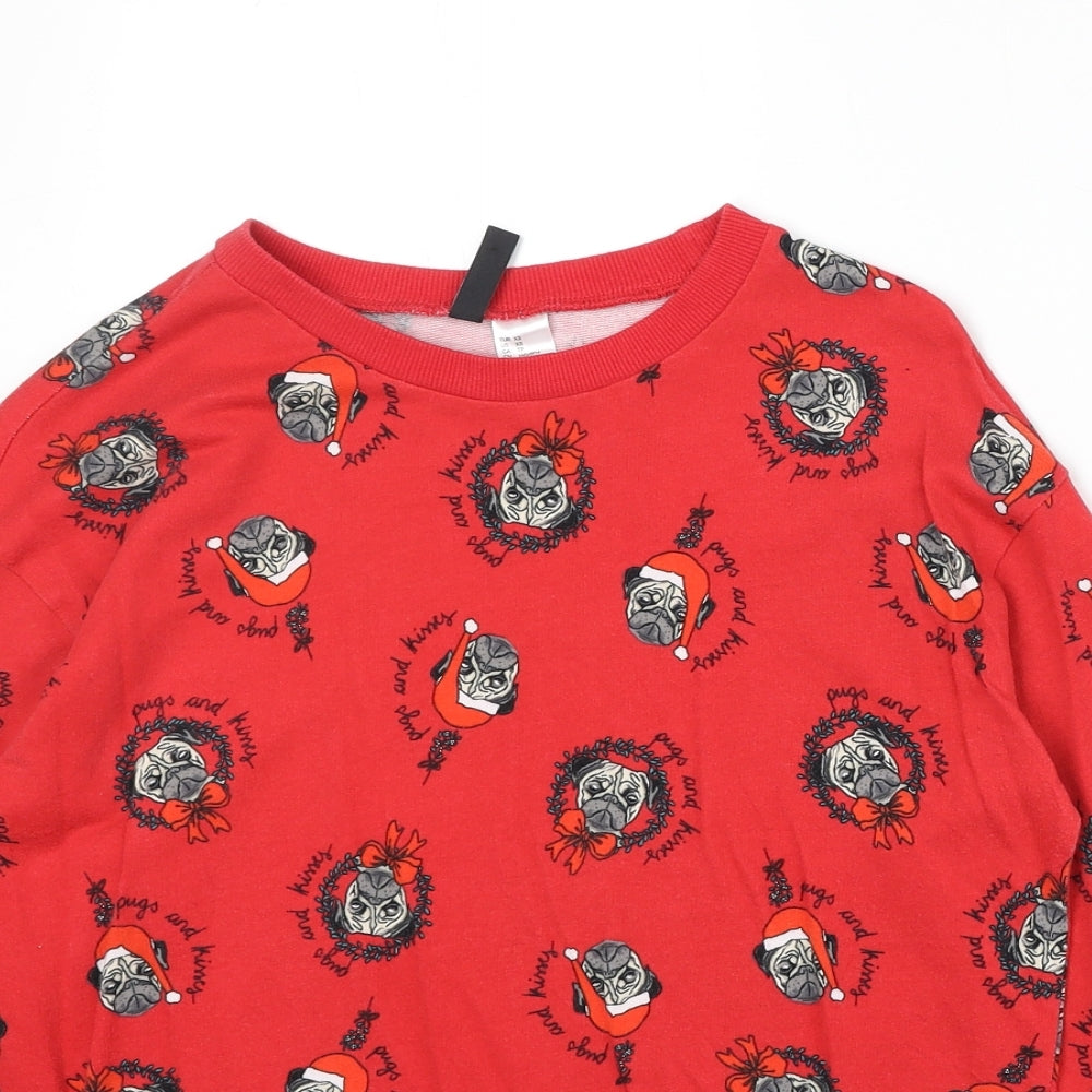 Divided by H&M Womens Red Geometric Cotton Pullover Sweatshirt Size XS Pullover - Christmas Pug