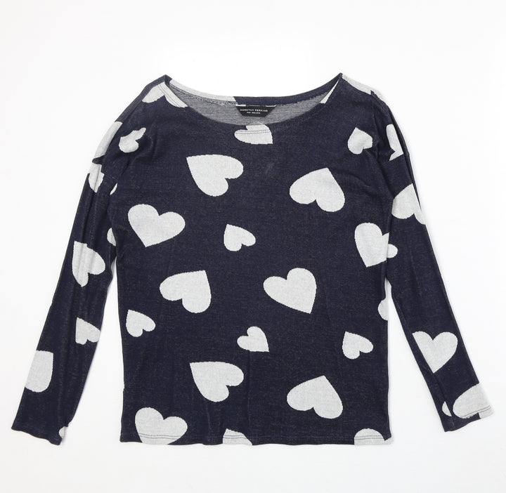 Dorothy Perkins Womens Blue Round Neck Geometric 100% Cotton Pullover Jumper Size 8 - Heart Pattern