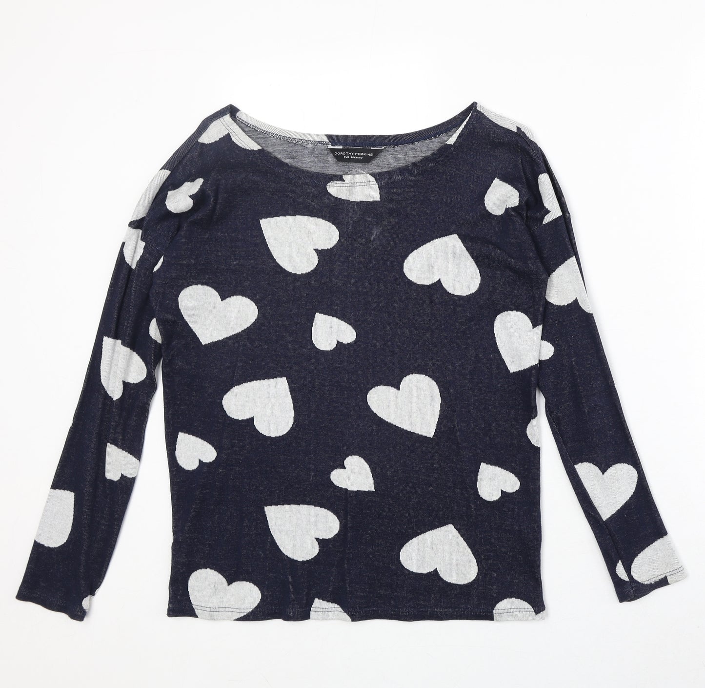 Dorothy Perkins Womens Blue Round Neck Geometric 100% Cotton Pullover Jumper Size 8 - Heart Pattern