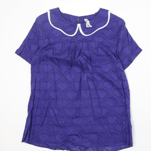 Preworn Womens Blue Geometric 100% Cotton Basic Blouse Size 10 Collared - Hearts