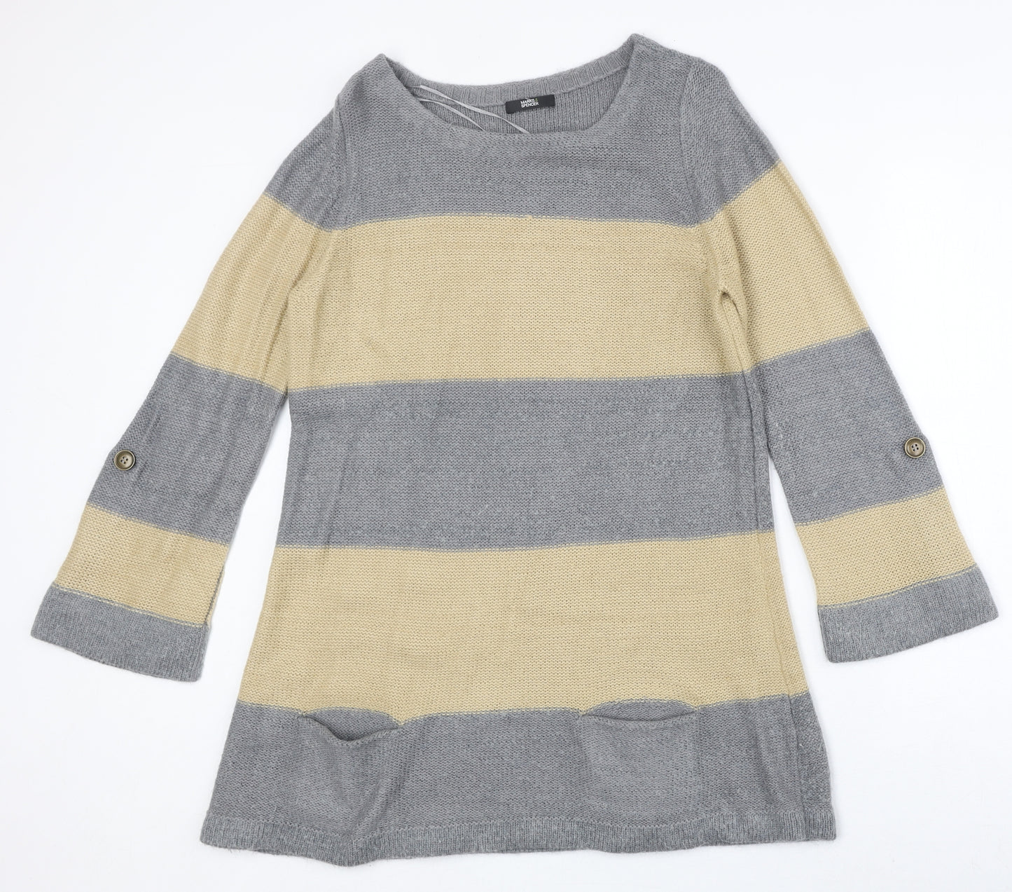 Marks and Spencer Womens Grey Round Neck Striped Acrylic Pullover Jumper Size 14