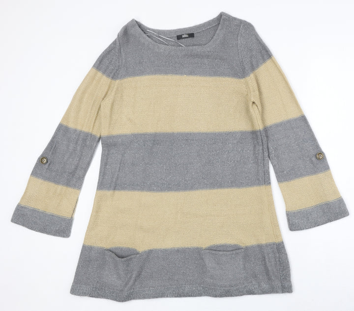 Marks and Spencer Womens Grey Round Neck Striped Acrylic Pullover Jumper Size 14