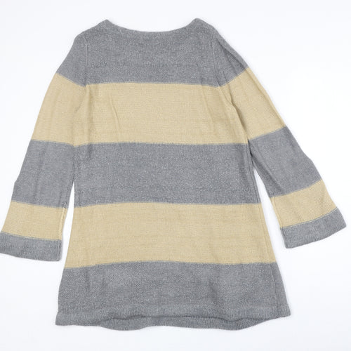 Marks and Spencer Womens Grey Round Neck Striped Acrylic Pullover Jumper Size 14