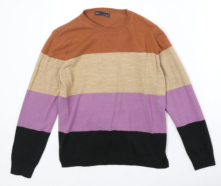 Marks and Spencer Womens Multicoloured Round Neck Striped Acrylic Pullover Jumper Size 14