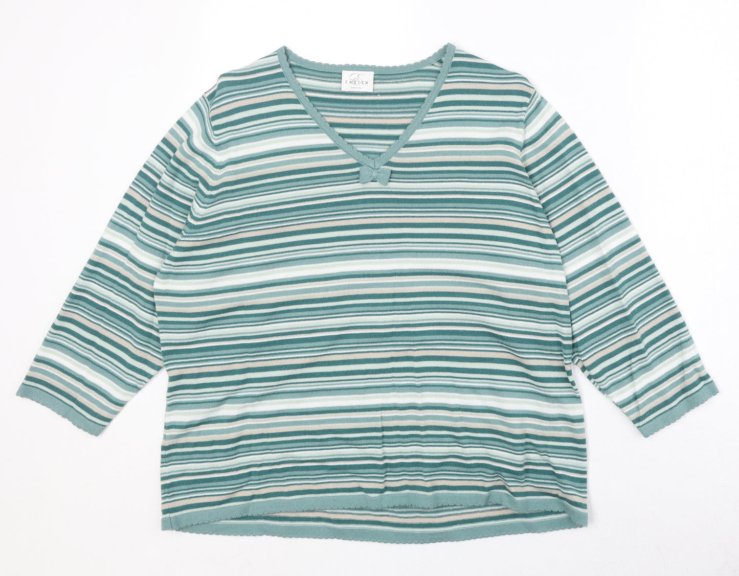Eastex Womens Green V-Neck Striped Acrylic Pullover Jumper Size 20