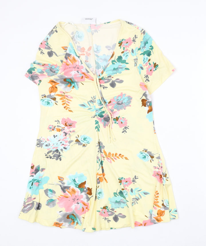 Gina Benotti Womens Yellow Floral Viscose Trapeze & Swing Size M V-Neck Pullover