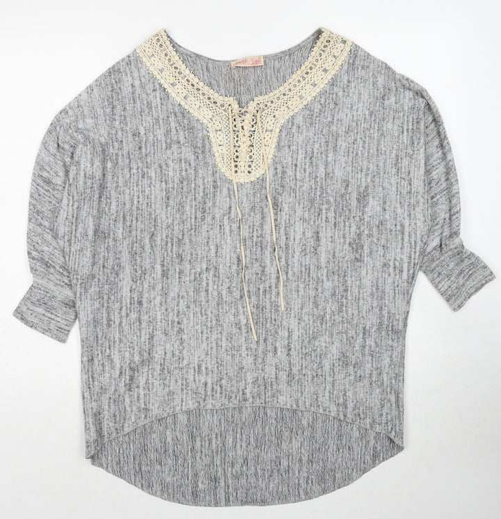 Krisp Womens Grey Boat Neck Polyester Pullover Jumper Size L - Lace Up Detail