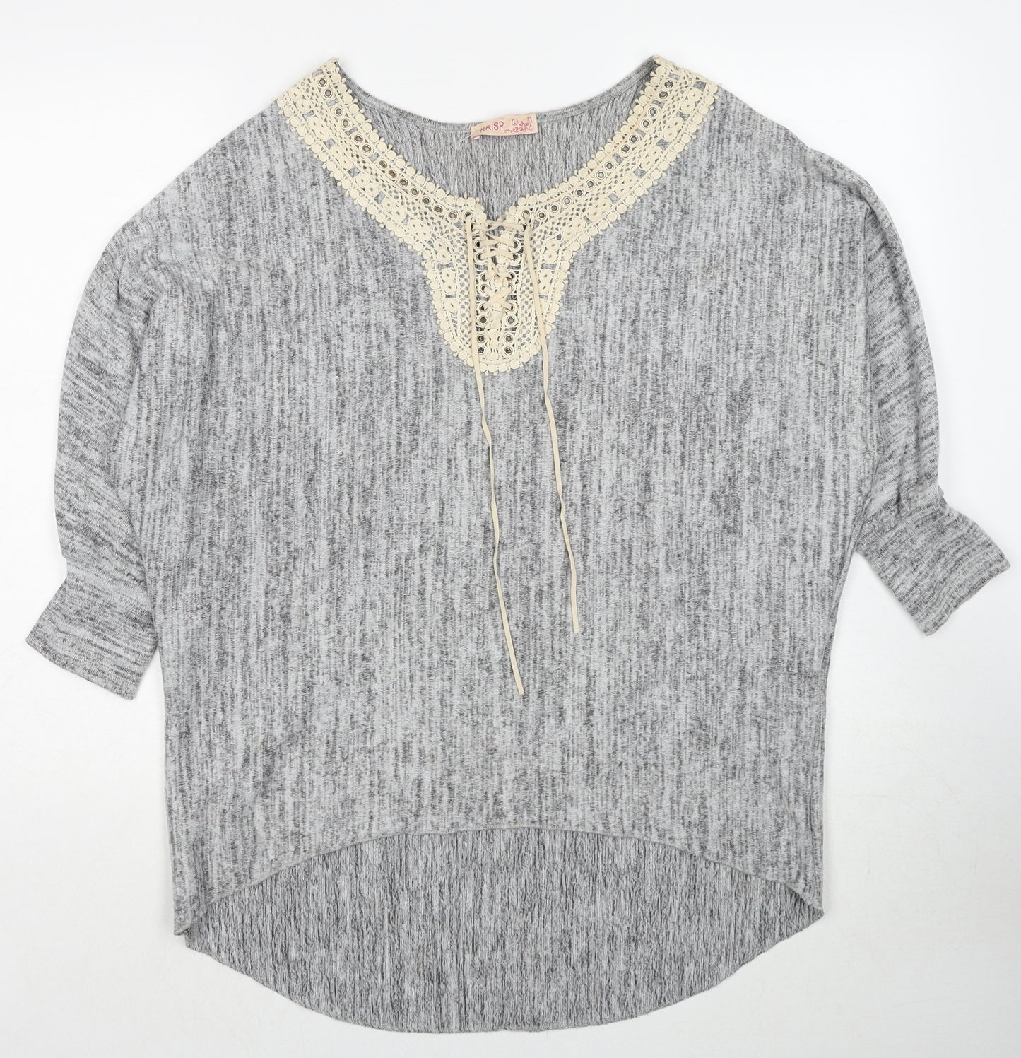 Krisp Womens Grey Boat Neck Polyester Pullover Jumper Size L - Lace Up Detail