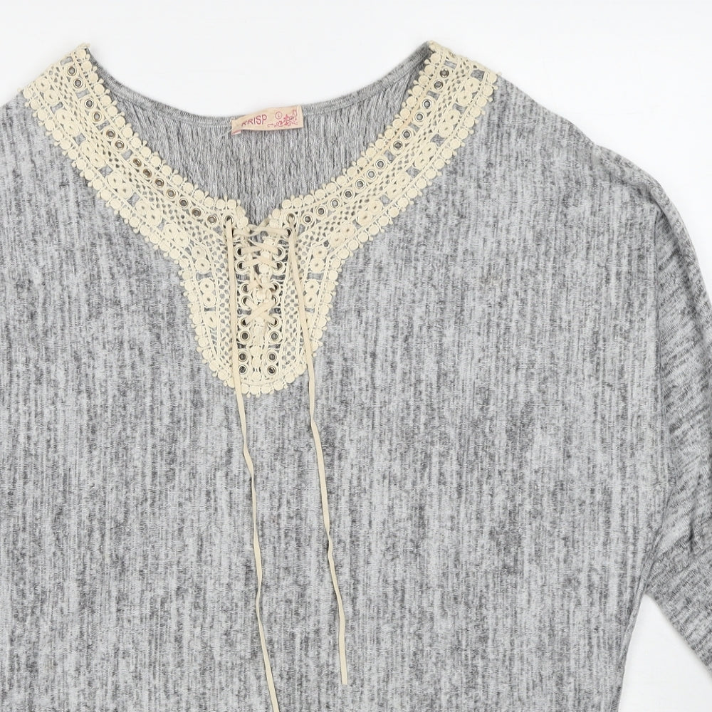 Krisp Womens Grey Boat Neck Polyester Pullover Jumper Size L - Lace Up Detail