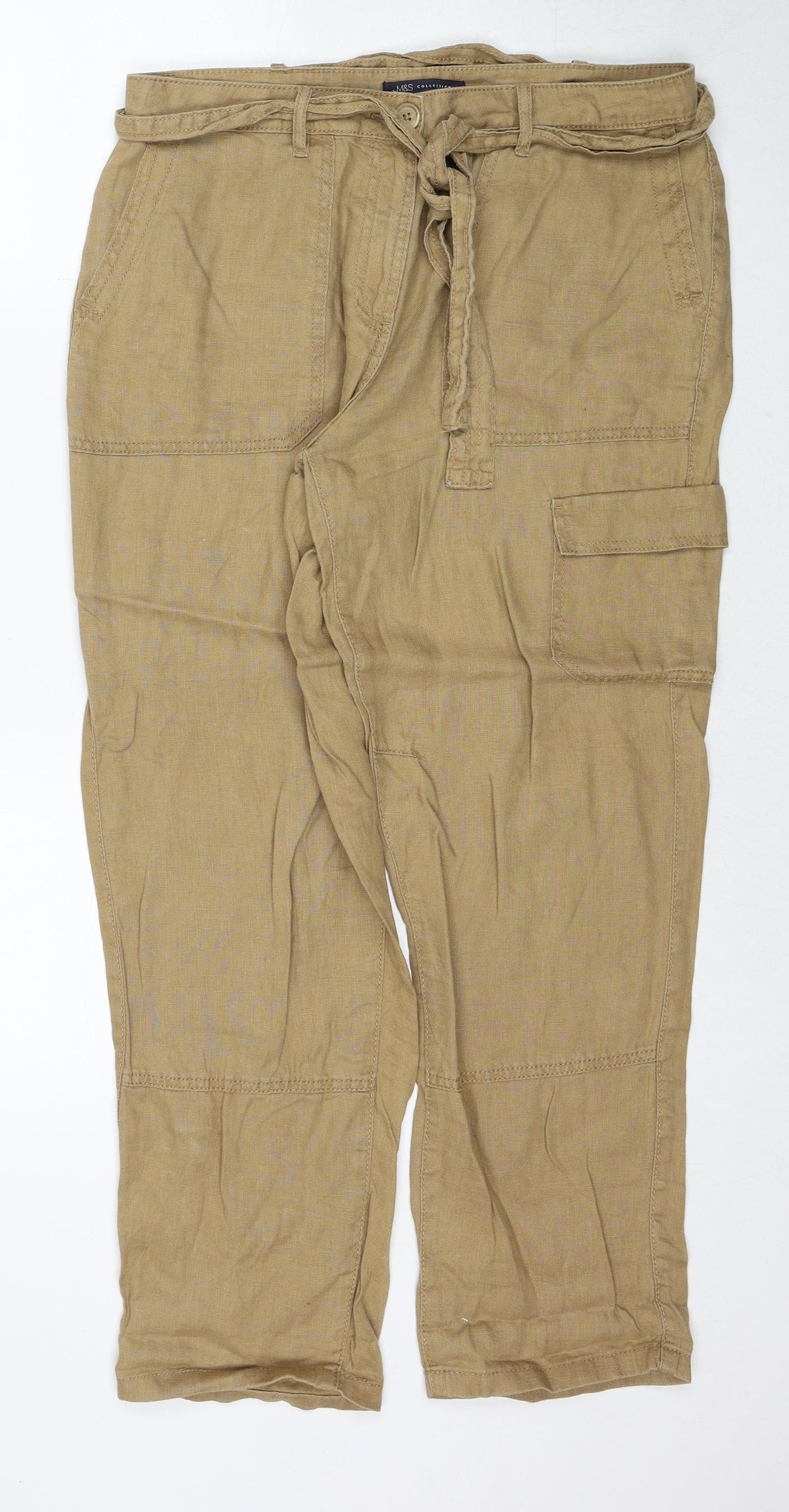 Marks and Spencer Womens Brown Linen Cargo Trousers Size 12 Regular Zip