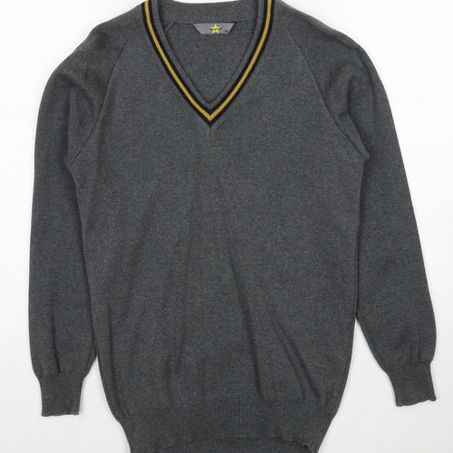MagicFit Mens Grey V-Neck Cotton Pullover Jumper Size S Long Sleeve