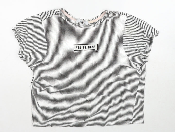 New Look Girls Black Striped Cotton Basic T-Shirt Size M Round Neck Pullover - You Ok Hun?