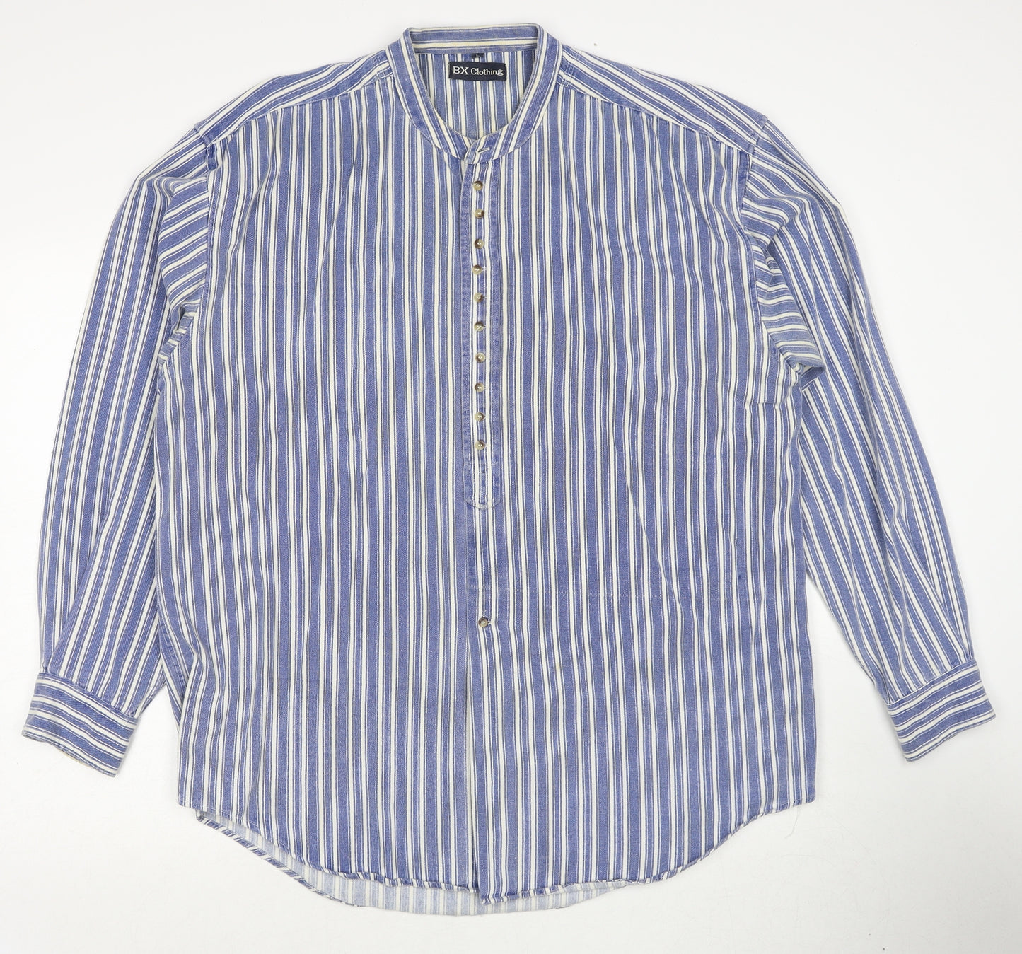 BX Clothing Womens Blue Striped Cotton Basic Button-Up Size L V-Neck